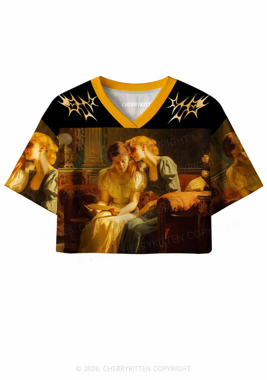 Lesbian Couple Reading Portrait Pride Y2K Crop Sport Jersey Shirts Cherrykitten