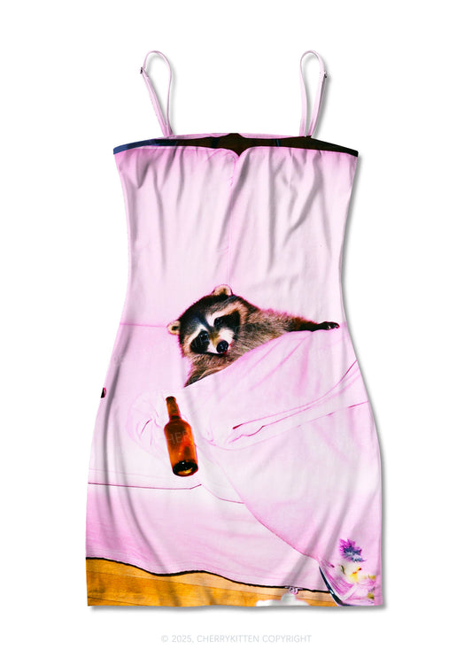 Pink Couch Raccoon Y2K Print Slip Dress Cherrykitten