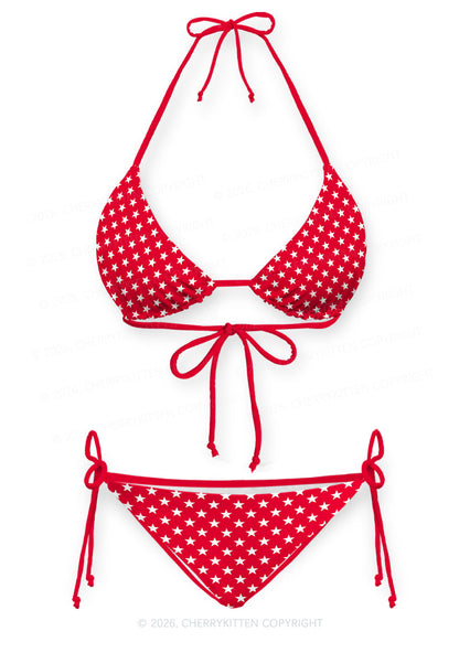 White Star On Red Y2K Print Bikini Set Cherrykitten