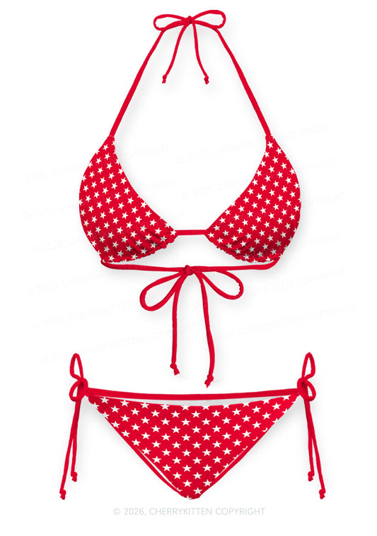 White Star On Red Y2K Print Bikini Set Cherrykitten