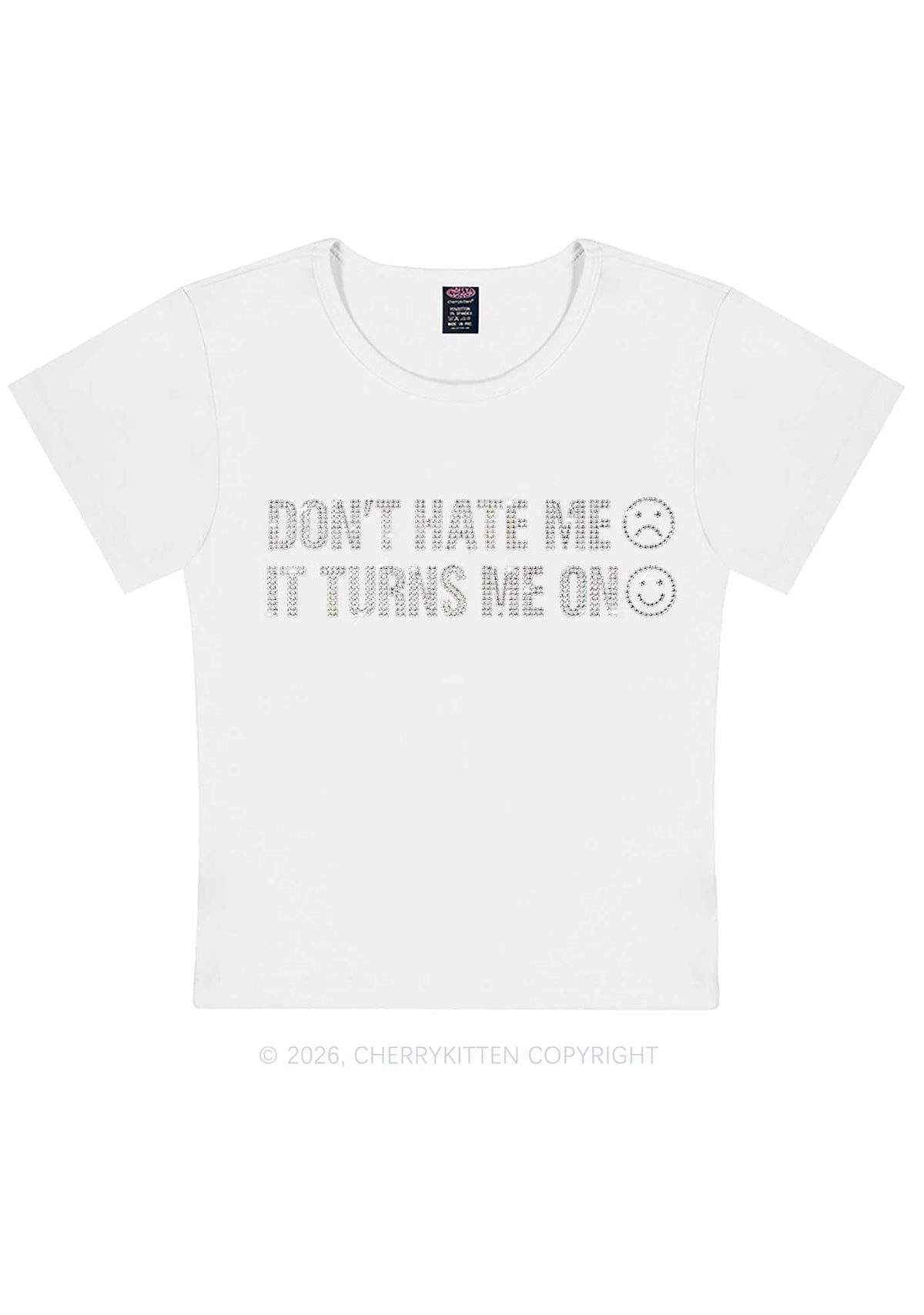 Rhinestone Dont Hate Me Y2K Baby Tee Cherrykitten