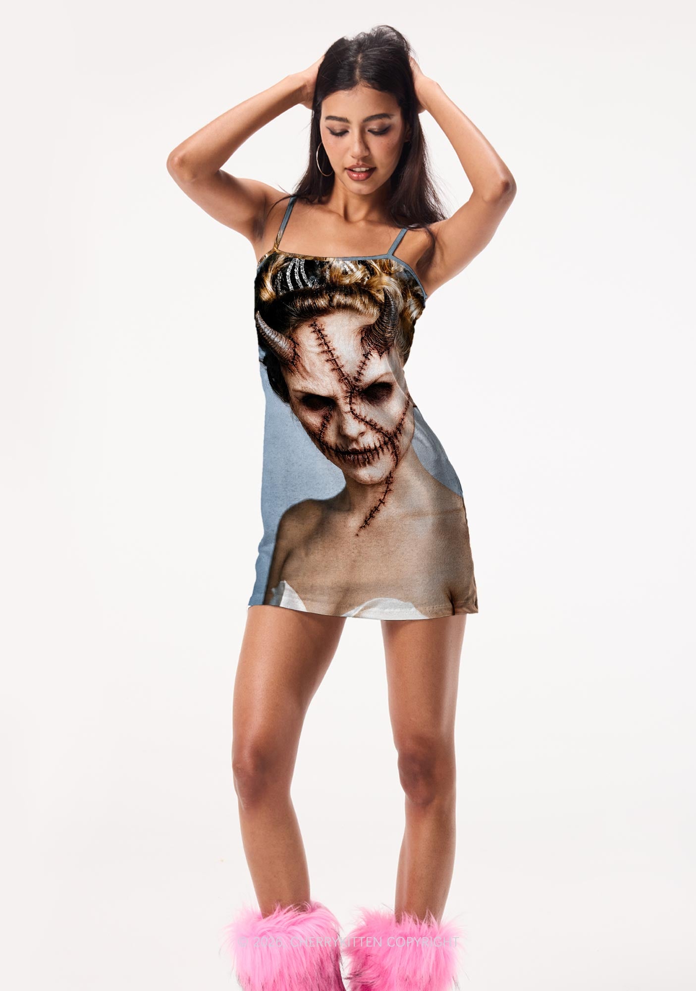 Halloween Scar Horned Demon Woman Y2K Print Slip Dress Cherrykitten
