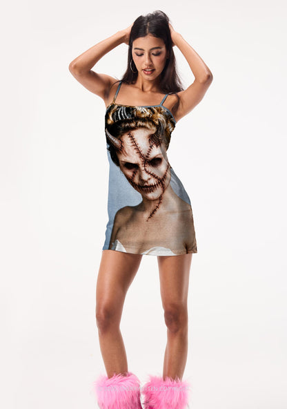 Halloween Scar Horned Demon Woman Y2K Print Slip Dress Cherrykitten