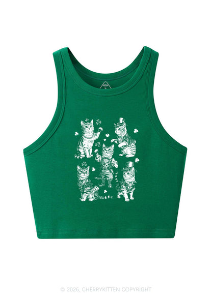 Green Lucky Cats St Patricks Y2K Crop Tank Top Cherrykitten
