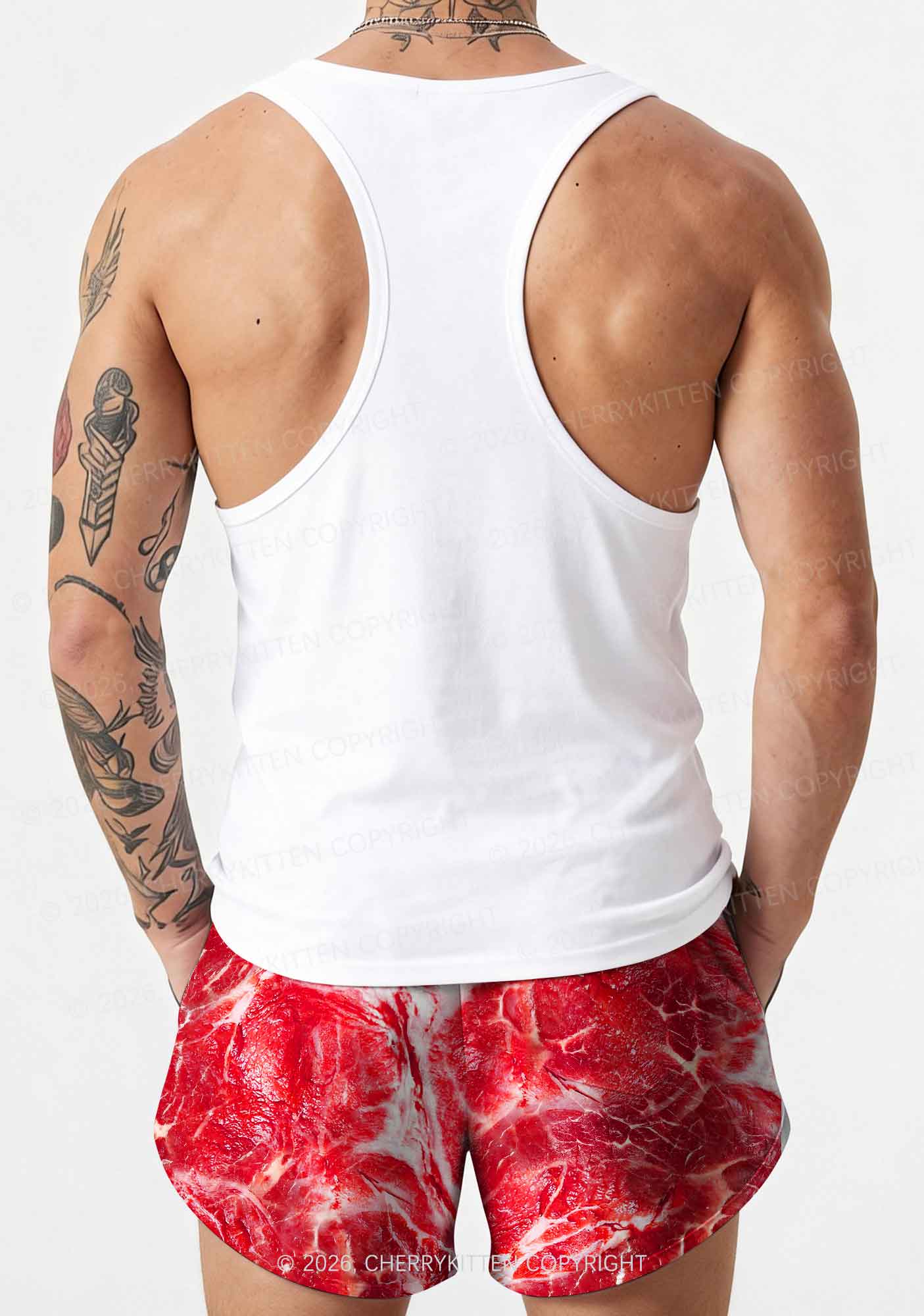Beef Steak Texture Y2K Print Men Beach Shorts Cherrykitten
