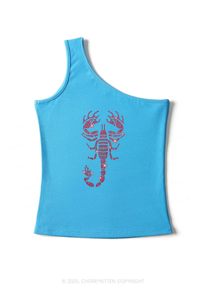 Rhinestone Red Scorpion Y2K One Shoulder Tank Top Cherrykitten