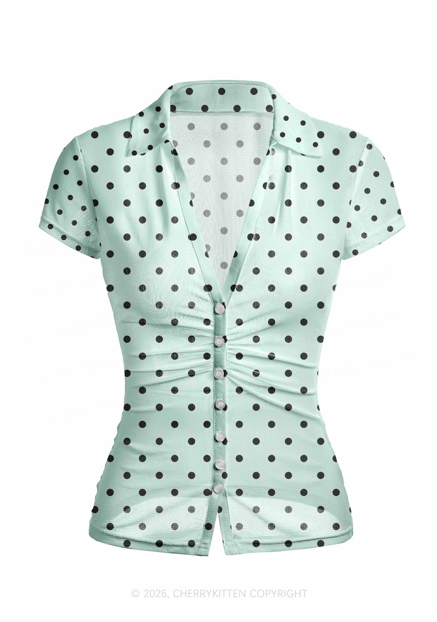 Black Dots On Mint Green Y2K Mesh Ruched  Waist  V Neck Top Cherrykitten