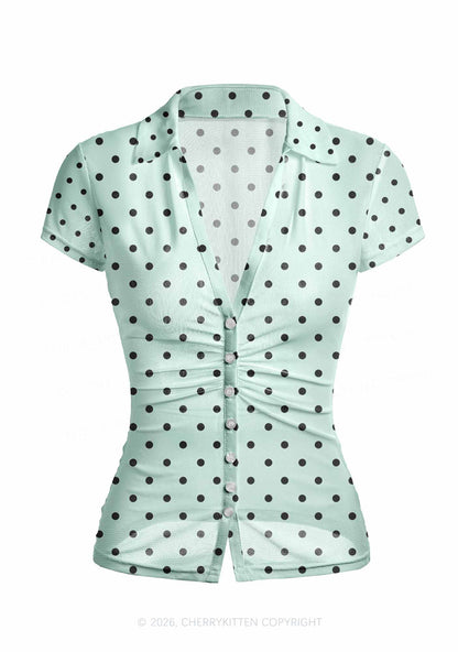 Black Dots On Mint Green Y2K Mesh Ruched  Waist  V Neck Top Cherrykitten