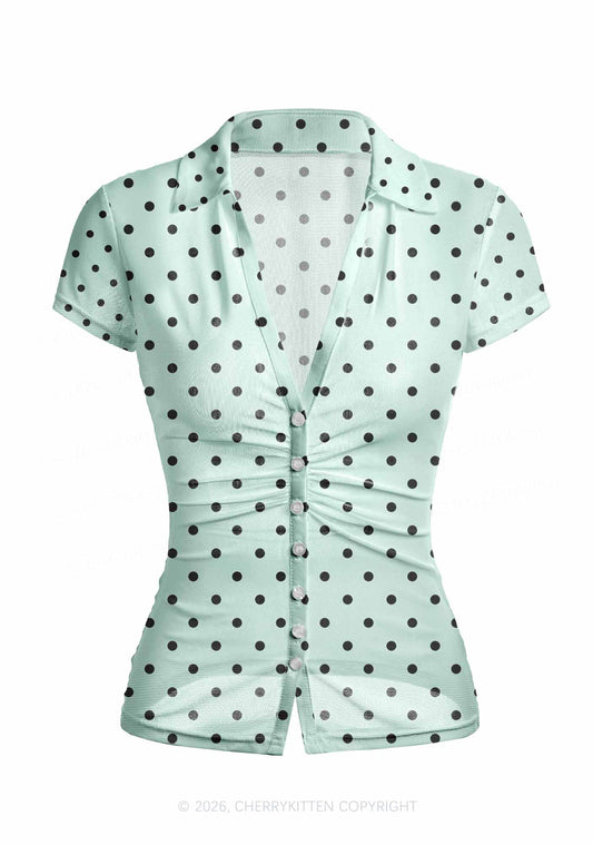 Black Dots On Mint Green Y2K Mesh Ruched  Waist  V Neck Top Cherrykitten
