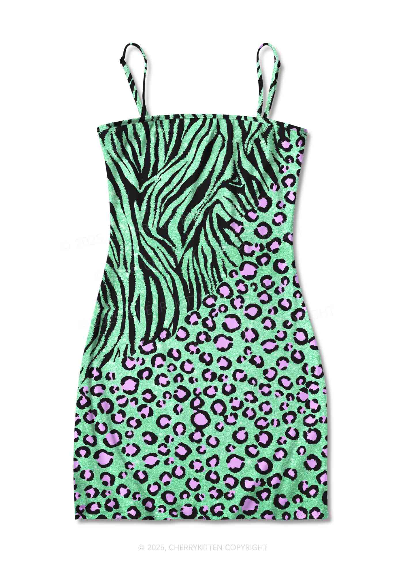 Mint Leopard Y2K Print Slip Dress Cherrykitten