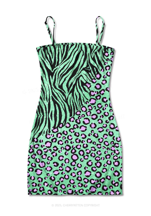 Mint Leopard Y2K Print Slip Dress Cherrykitten