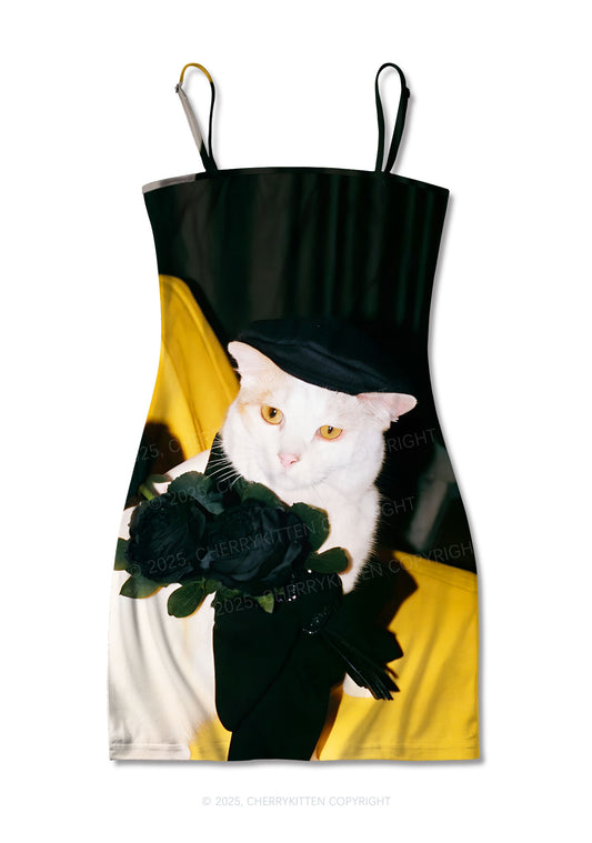 Cat With Black Roses Y2K Print Slip Dress Cherrykitten