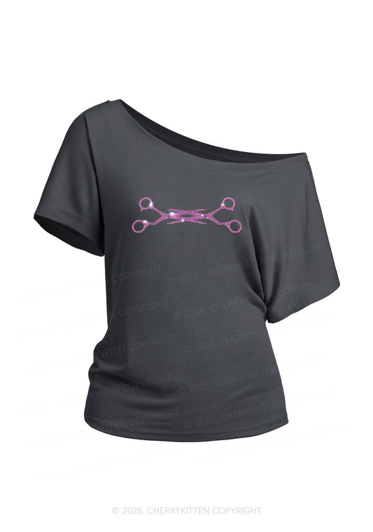 Rhinestone Pink Scissor Pride Y2K Off Shoulder Tee Cherrykitten