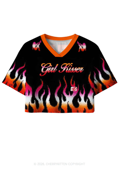 Girl Kisser Lesbian Flame Pride Y2K Crop Sport Jersey Shirts Cherrykitten