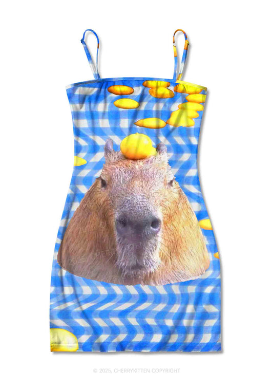 Capybara Lemon Hat Y2K Print Slip Dress Cherrykitten
