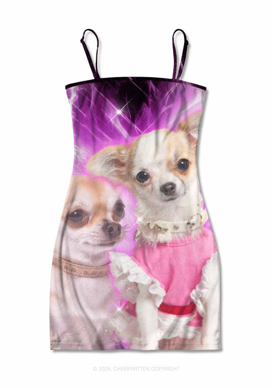 Cute Puppy Y2K Print Slip Dress Cherrykitten