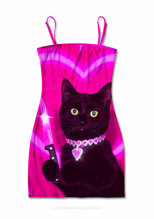 Halloween Cats Threat Y2K Print Slip Dress Cherrykitten