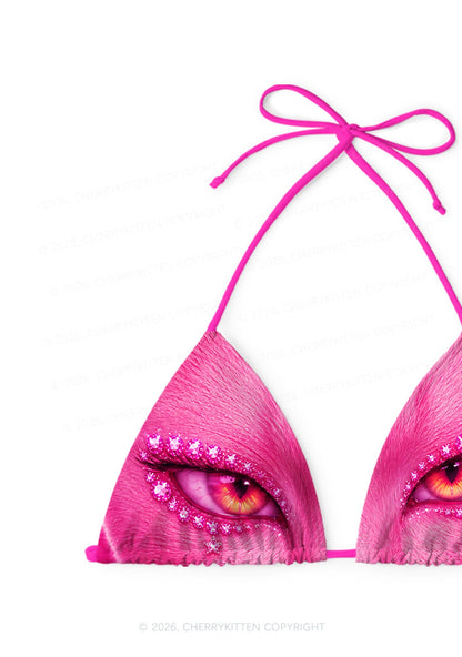 Pink Eyeshadow Cat Y2K Print Bikini Set Cherrykitten