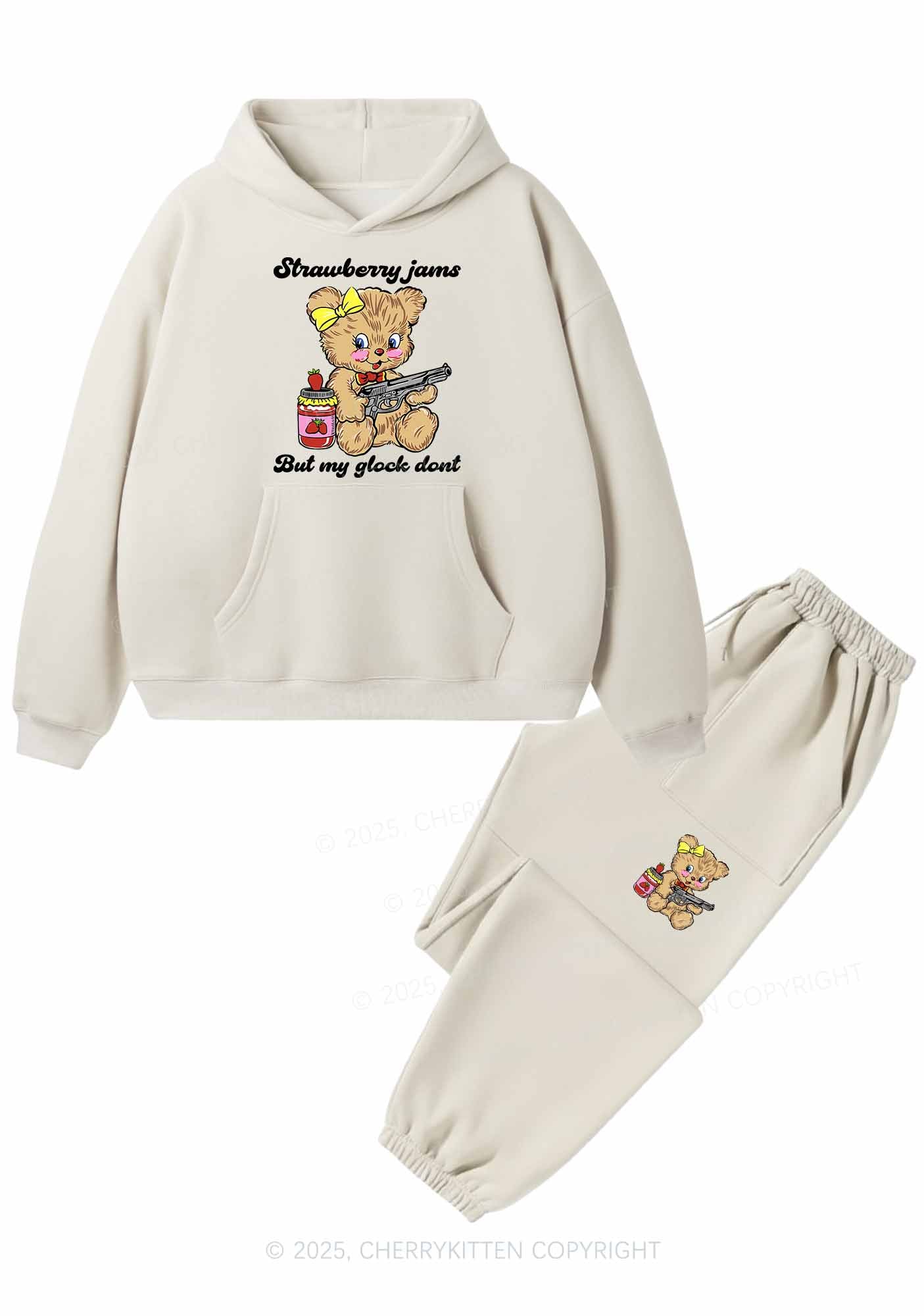 Strawberry Jams Bear Y2K Fleece Hoodie Set Cherrykitten