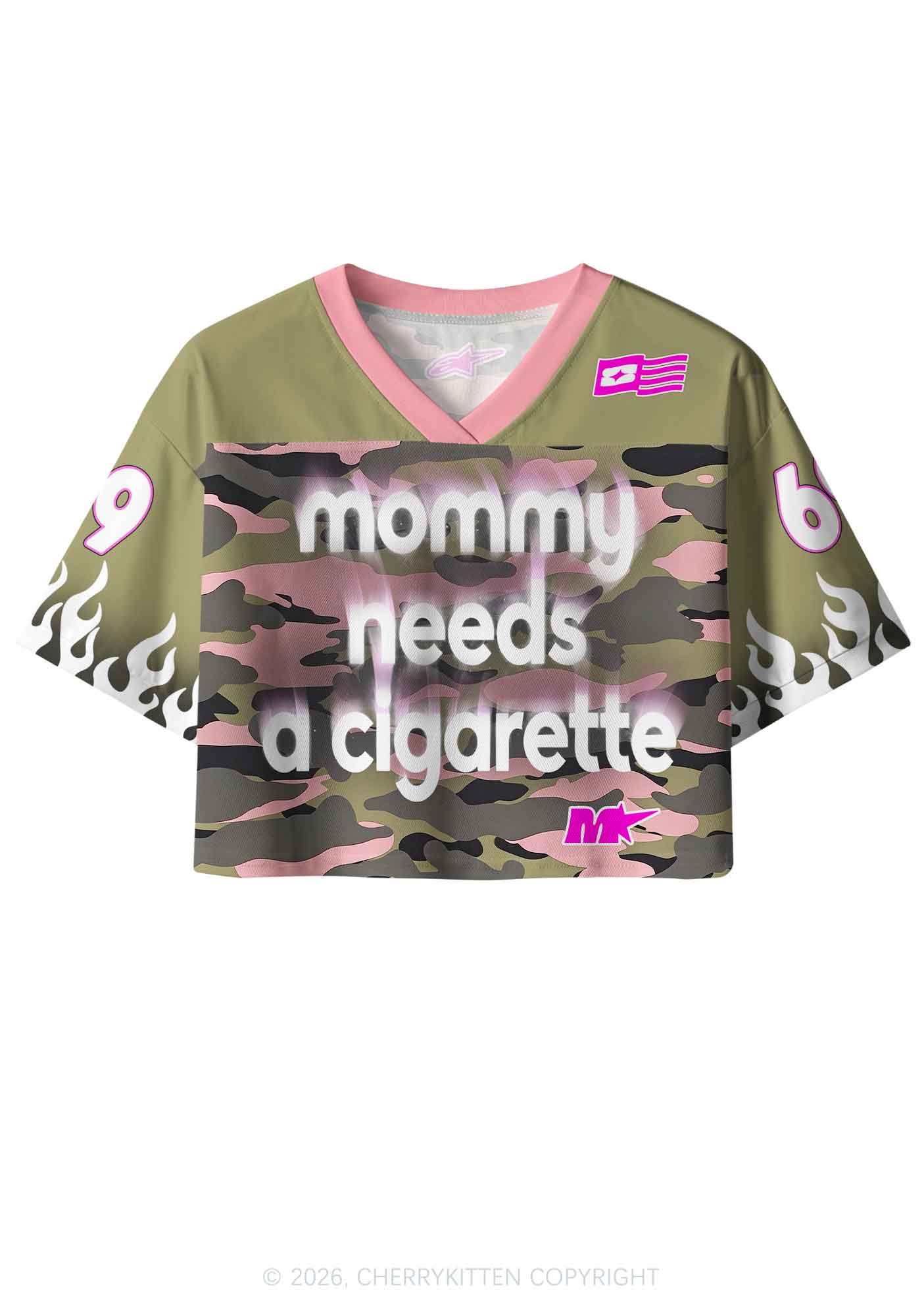 Mommy Needs A Cigarette Camo Y2K Crop Sport Jersey Shirts Cherrykitten