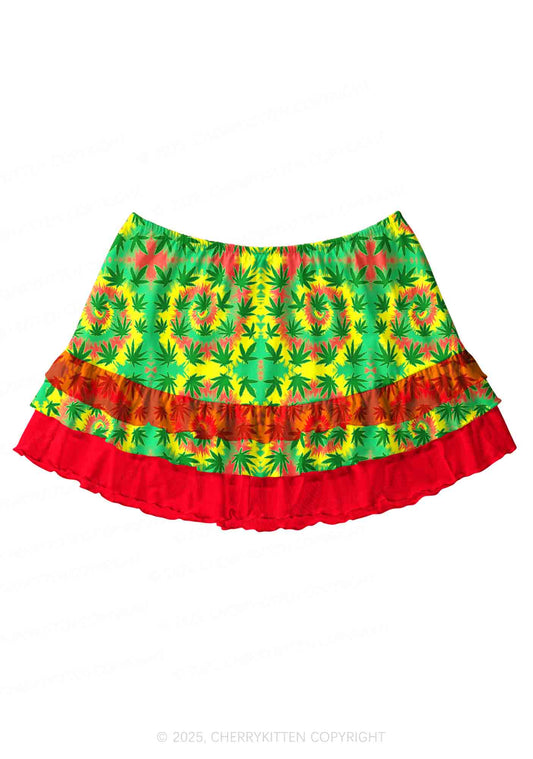 Trippy Leaves Y2K Print Mini Layered Skirt Cherrykitten