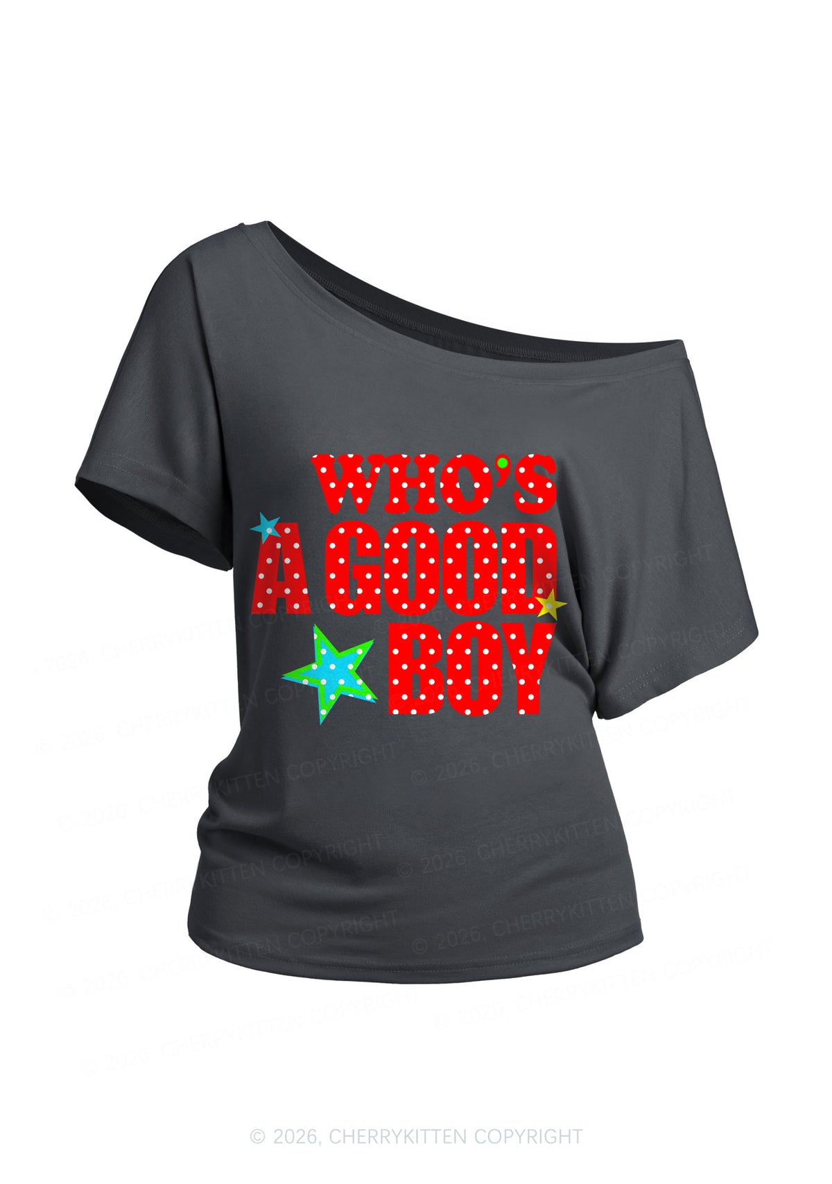 Whos A Good Boy Polka Dots Y2K Off Shoulder Tee Cherrykitten