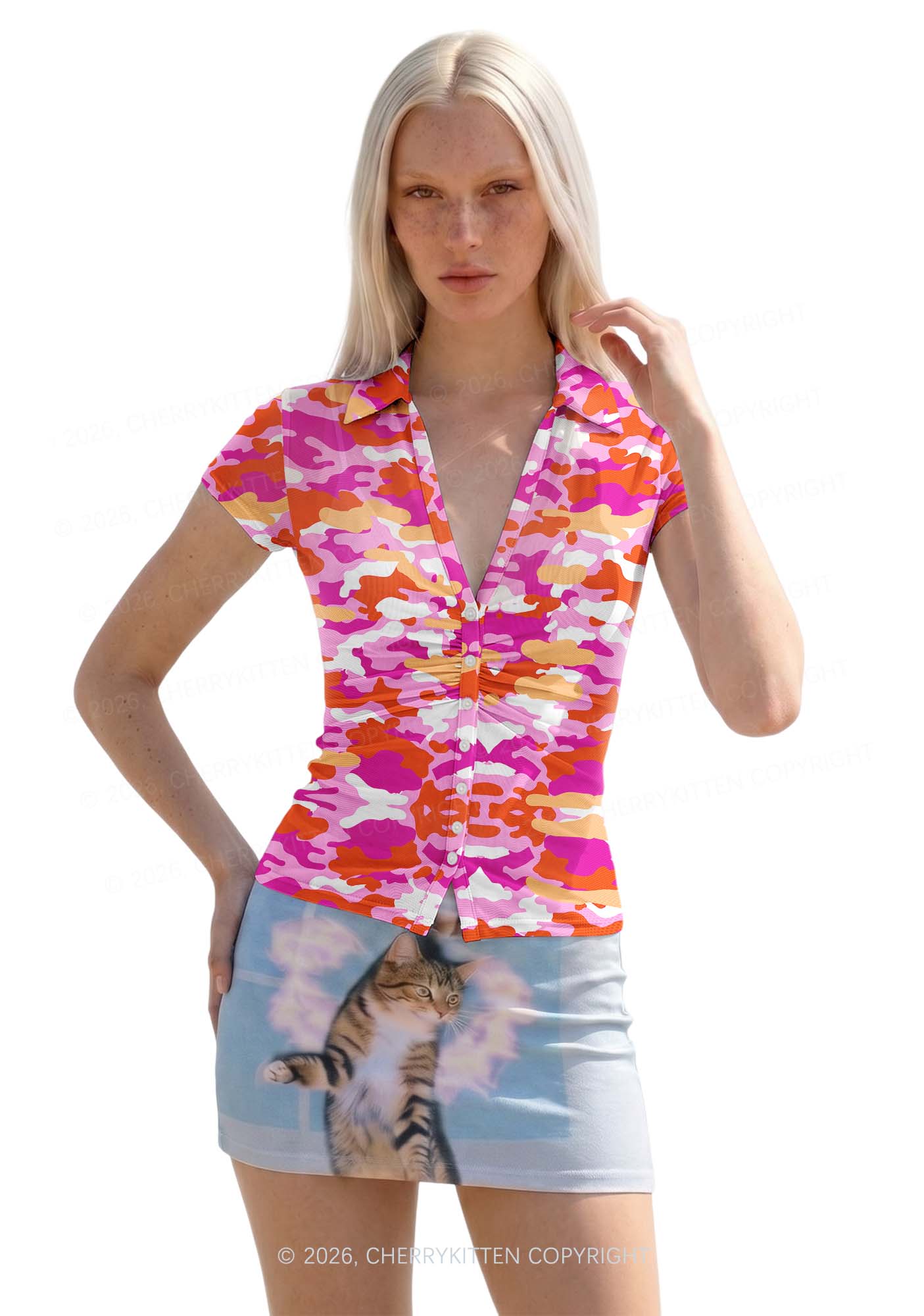 Lesbian Camouflage Pride Y2K Mesh Ruched  Waist  V Neck Top Cherrykitten