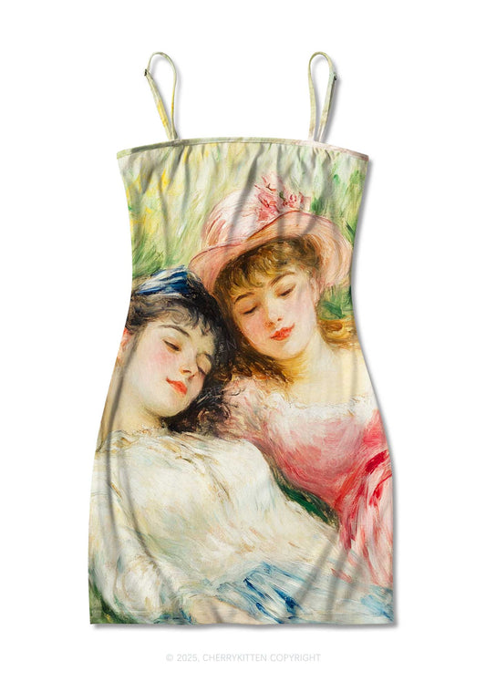 Oil Painting Girls Pride Y2K Print Slip Dress Cherrykitten