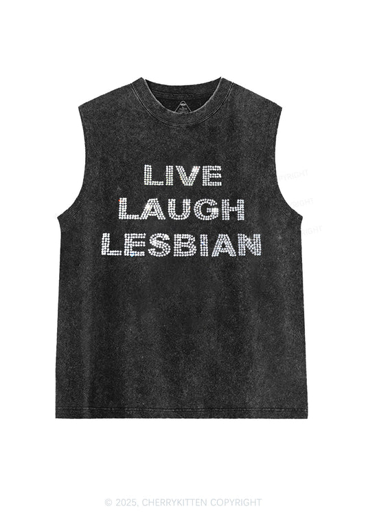 Rhinestone Live Laugh Lesbian Pride Y2K Washed Muscle Tank Cherrykitten