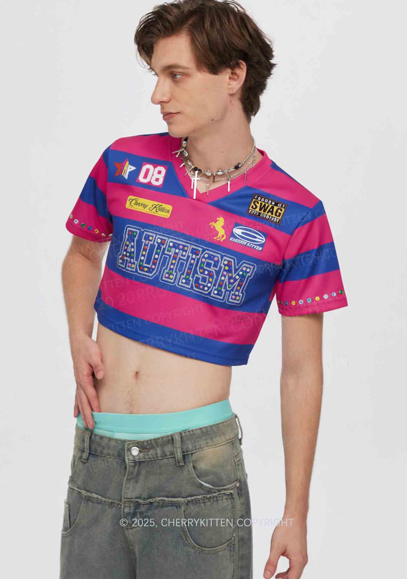 Pink Autism Y2K Crop Sport Jersey Shirts Cherrykitten