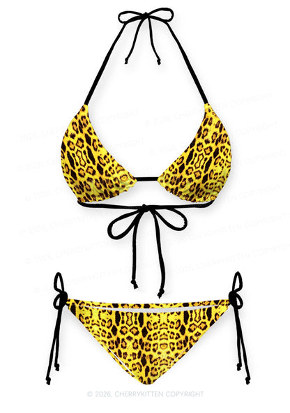 Yellow Leopard Y2K Print Bikini Set Cherrykitten