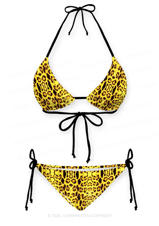 Yellow Leopard Y2K Print Bikini Set Cherrykitten