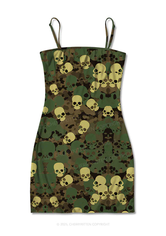 Halloween Camouflage Skull Y2K Print Slip Dress Cherrykitten