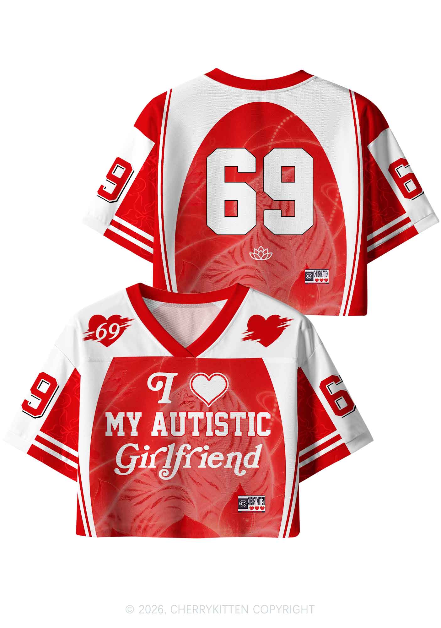 Red I Love My Autistic GF Y2K Crop Sport Jersey Shirts Cherrykitten