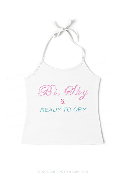 Rhinestone Bi Shy And Ready To Cry Pride Y2K Halter Neck Cami Cherrykitten