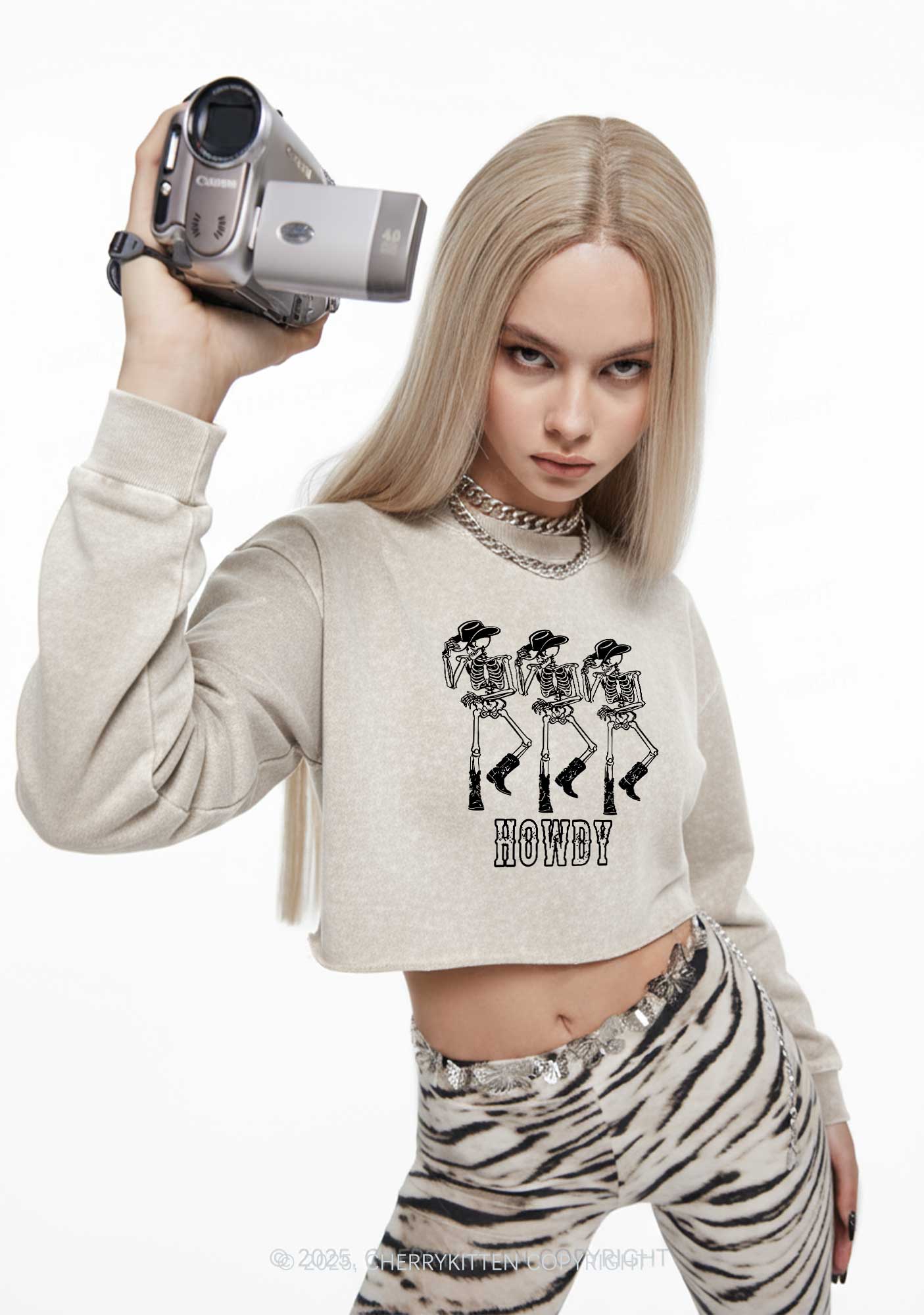 Halloween Howdy Dancing Skeletons Y2K Crop Washed Sweatshirts Cherrykitten