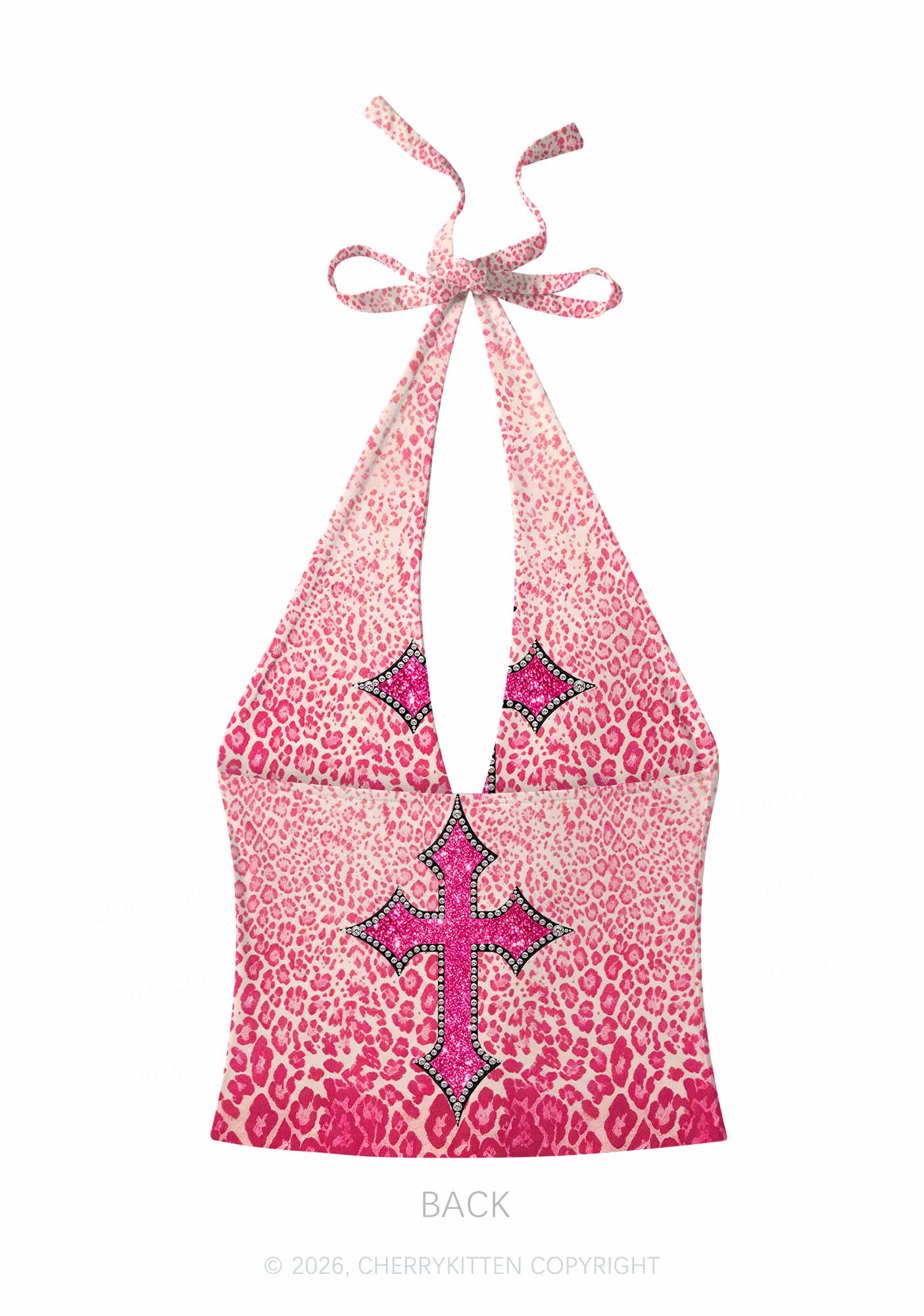 Halloween Pink Leopard Cross Y2K Print Halter Deep V Neck Cami Cherrykitten