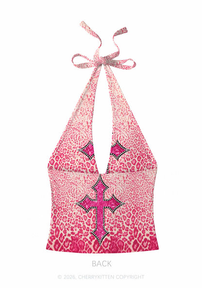 Halloween Pink Leopard Cross Y2K Print Halter Deep V Neck Cami Cherrykitten