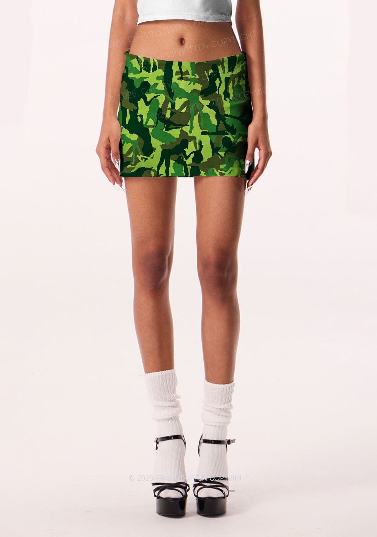 Green Camo Women Figure Y2K Print Mini Skirt Cherrykitten