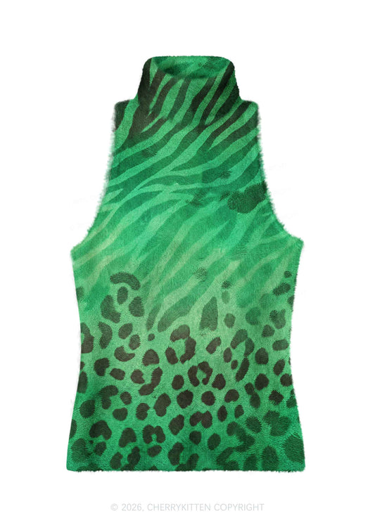 Green Zebra Leopard Y2K Knit Turtleneck Tank Top Cherrykitten