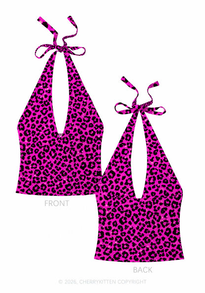 Hot Pink Leopard Y2K Print Halter Deep V Neck Cami Cherrykitten