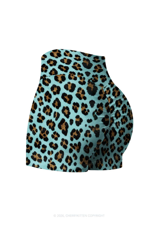 Mint Green Leopard Y2K Print Gym Shorts Cherrykitten