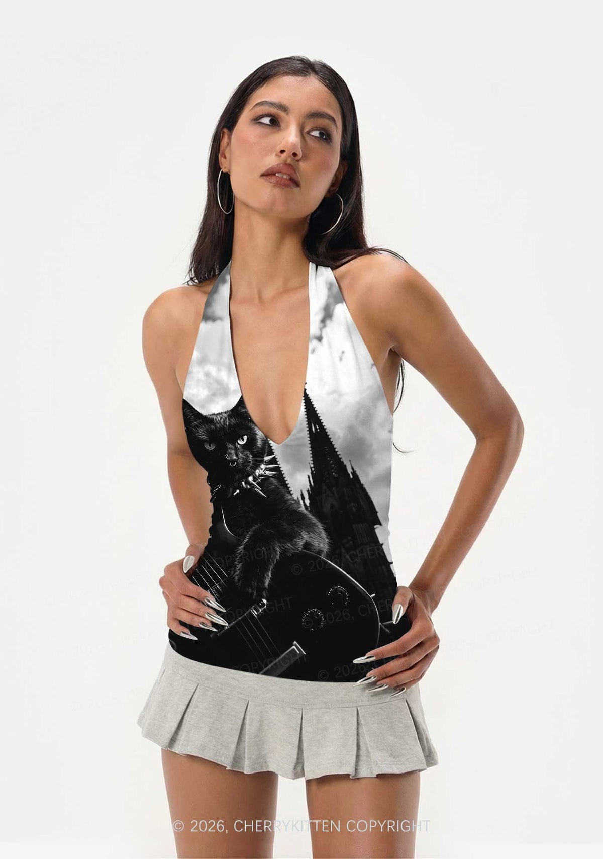 Halloween Guitar Black Cat Y2K Print Halter Deep V Neck Cami Cherrykitten