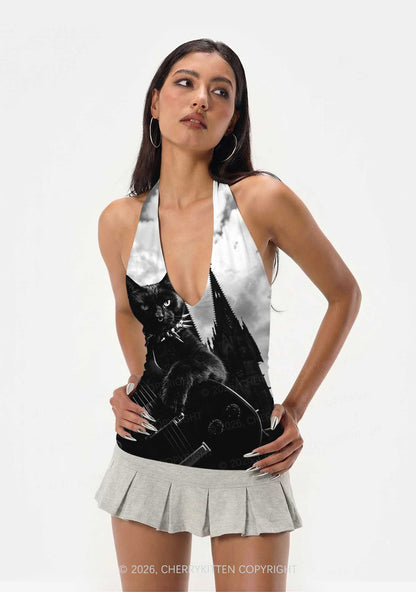 Halloween Guitar Black Cat Y2K Print Halter Deep V Neck Cami Cherrykitten