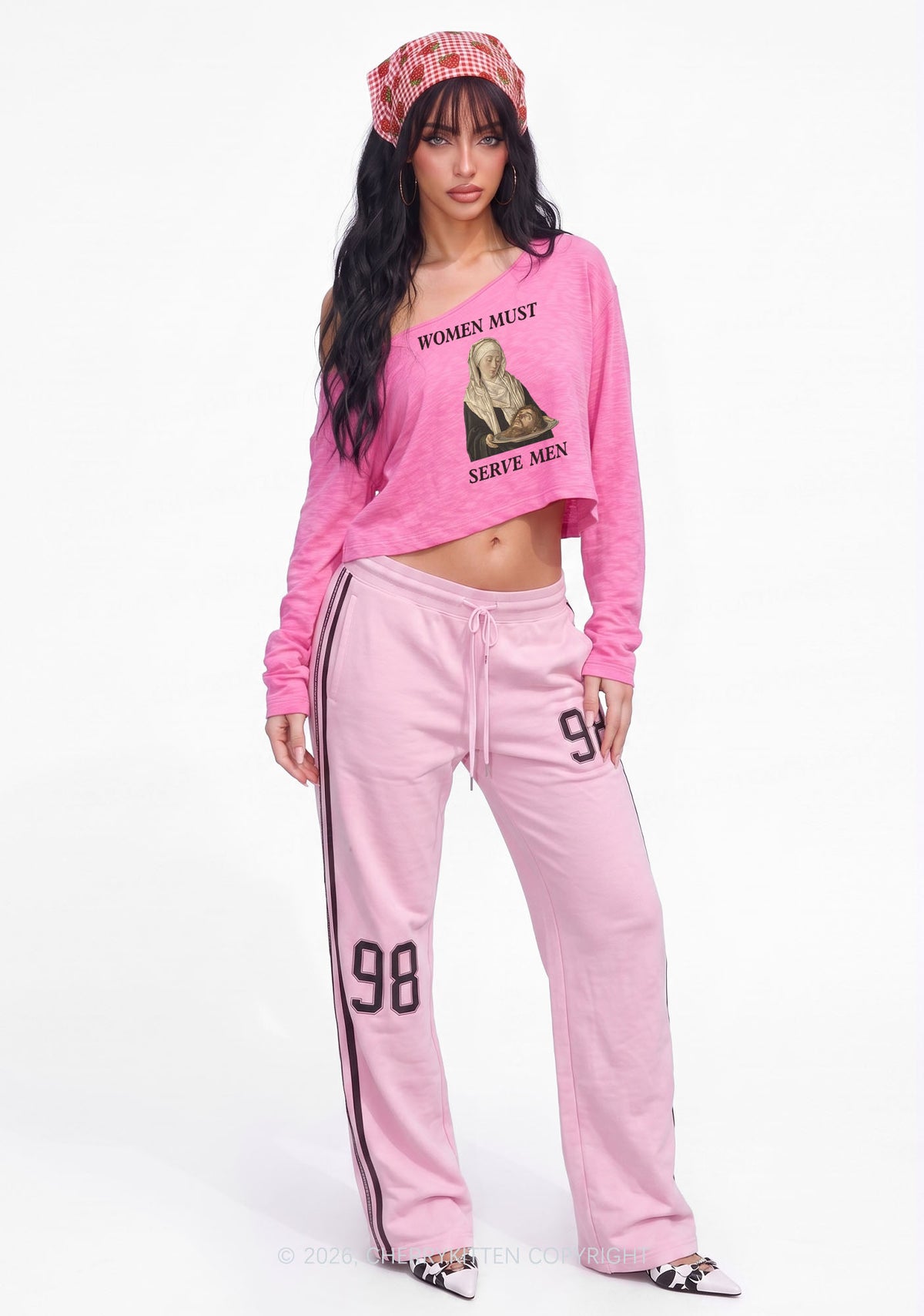 Women Must Serve Men Y2K Off Shoulder Long Sleeve Crop Top Cherrykitten