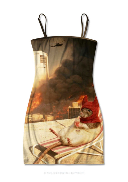 Halloween Fire City Devil Hat Rat Y2K Print Slip Dress Cherrykitten