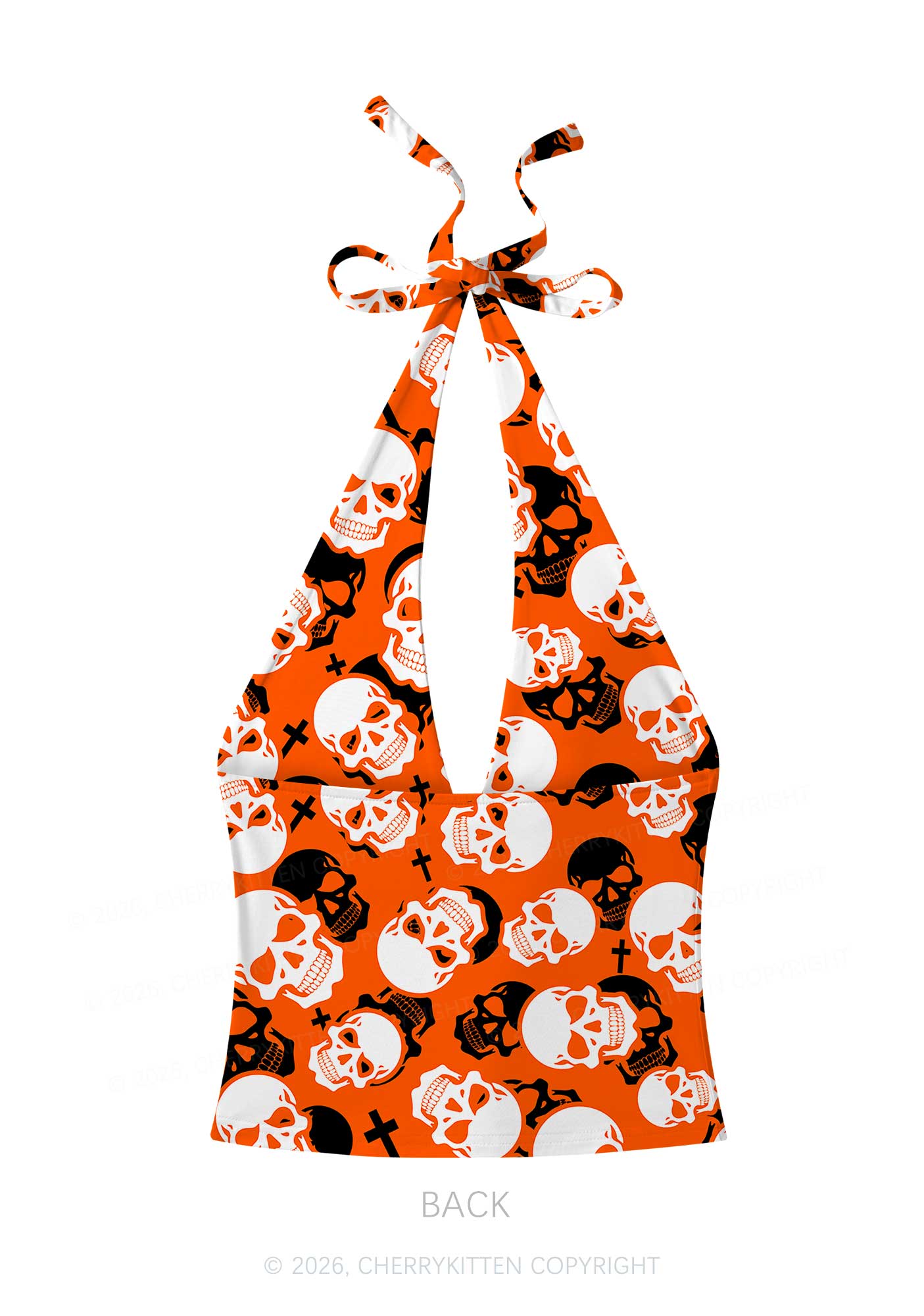 Halloween Orange Skull Cross Y2K Print Halter Deep V Neck Cami Cherrykitten