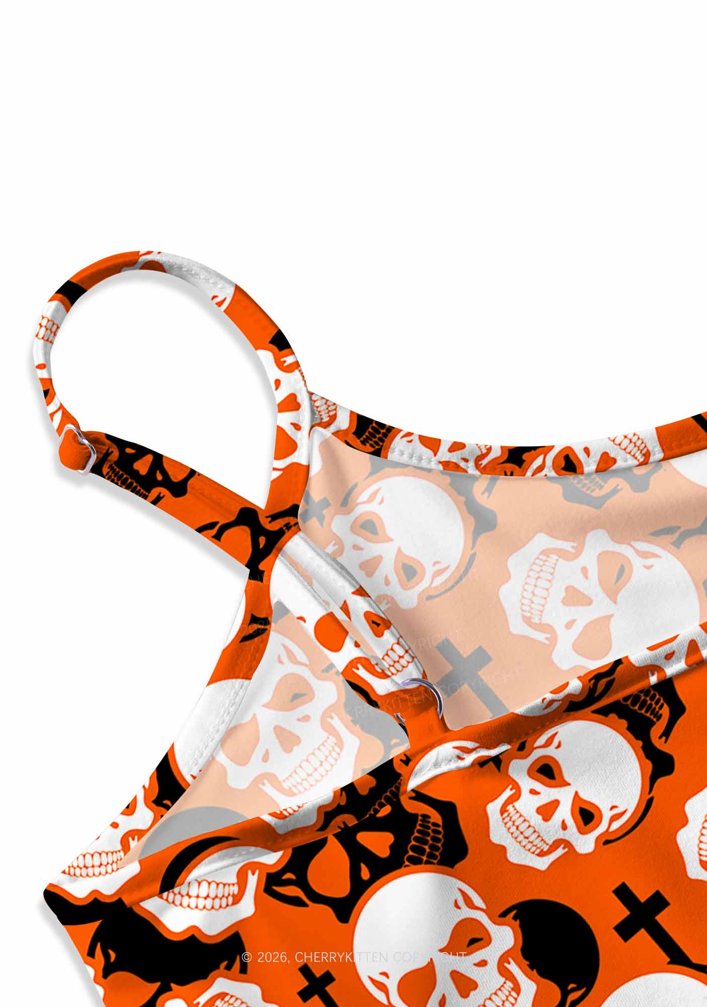Halloween Orange Skull Cross Y2K Print Slip Dress Cherrykitten