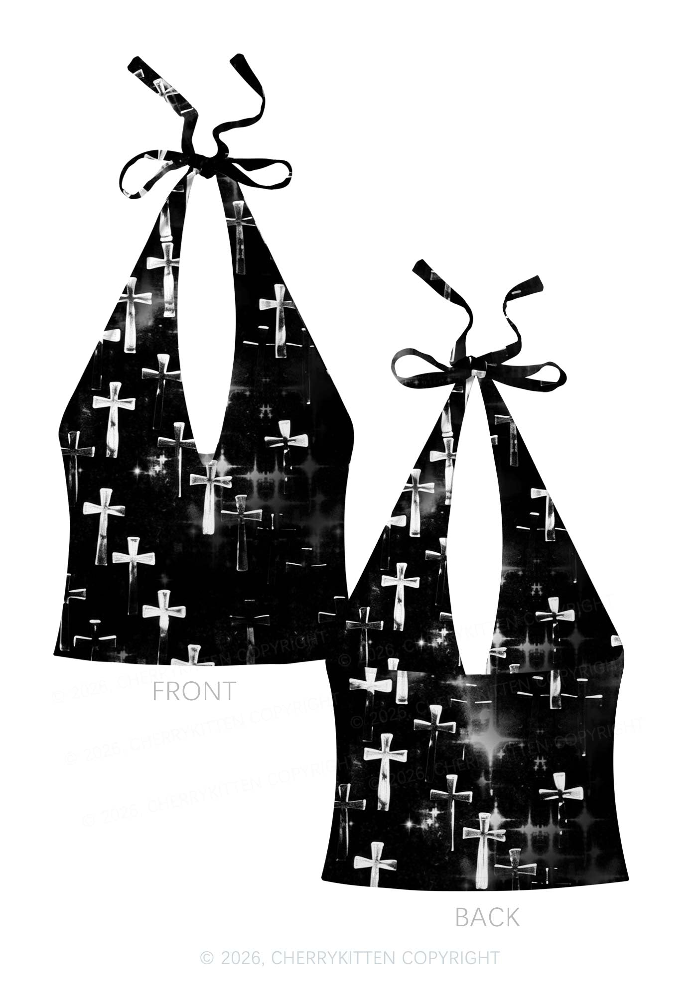 Halloween Silver Cross On Black Y2K Print Halter Deep V Neck Cami Cherrykitten