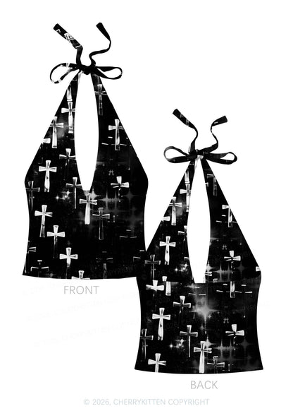 Halloween Silver Cross On Black Y2K Print Halter Deep V Neck Cami Cherrykitten